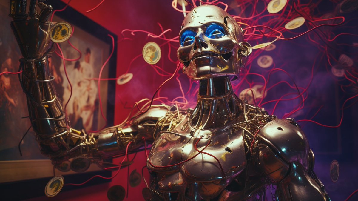 A happy robot in an art gallery, it's raining coins