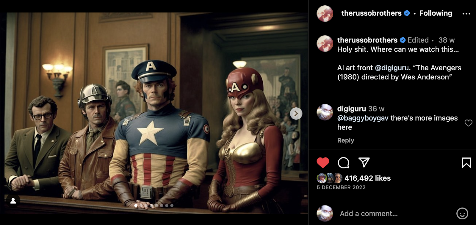 AI image of a 1970s Wes Anderson take on Teh Avenger's. There are too many fingers on the superheros