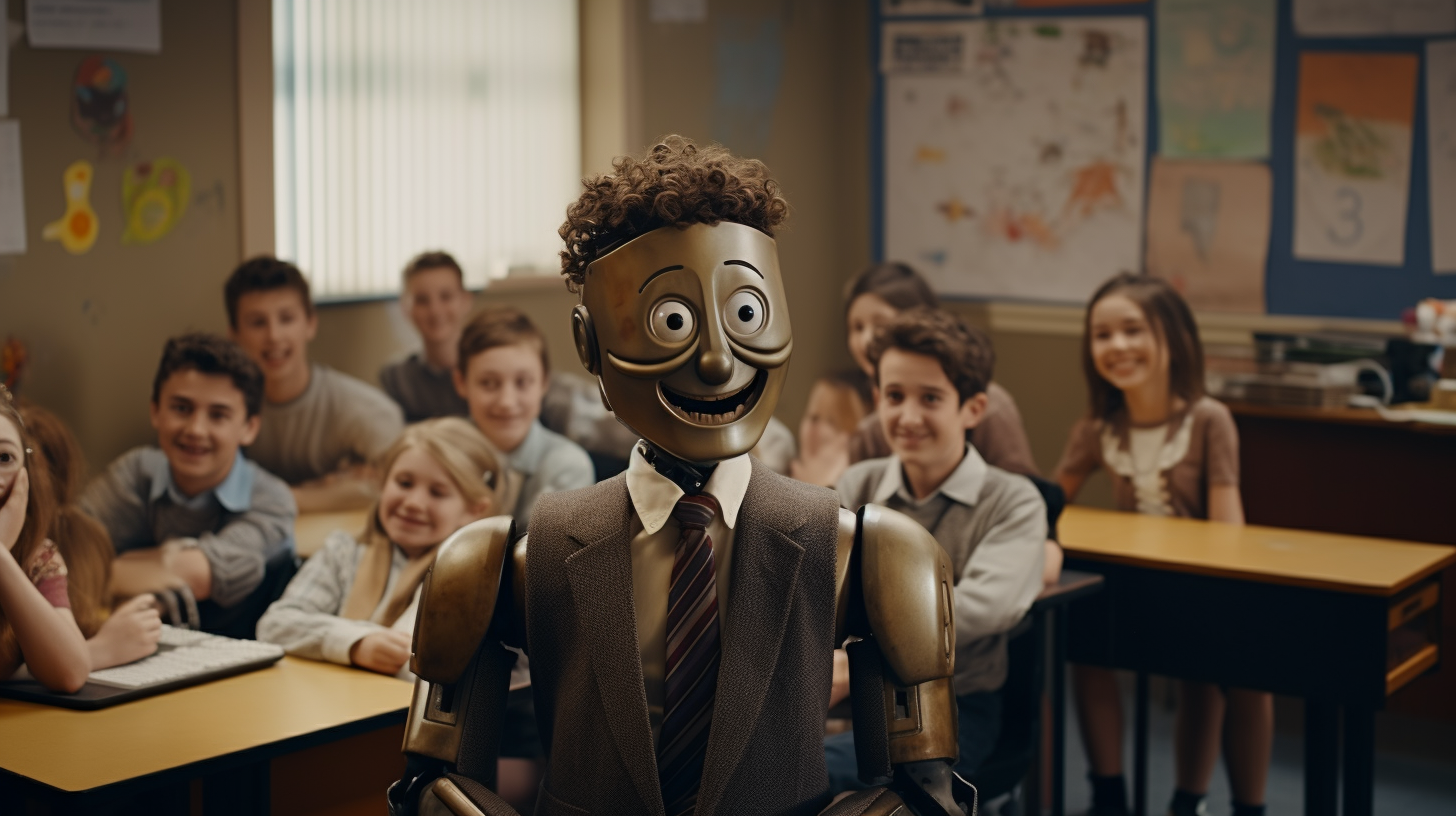 A happy robot in a kids classroom