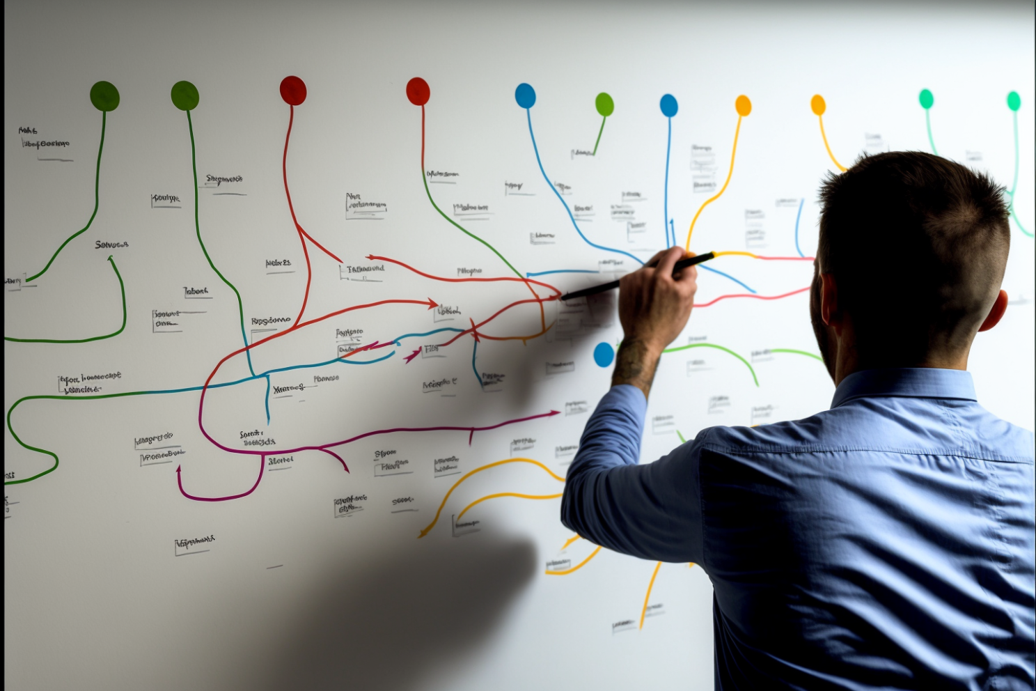 A very complicated flow chart with a person drawing a line between several points